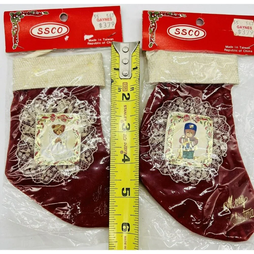Miniature Christmas Stockings‎ Teddy Bears Red Velvet Lace SSCO Vintage Taiwan